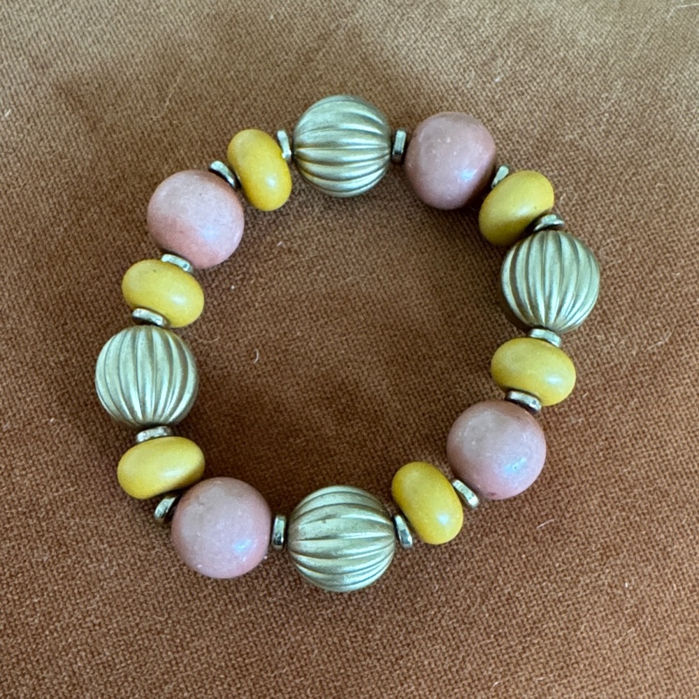 Vintage Pink, Mustard & Gold Beaded Stretch Bracelet